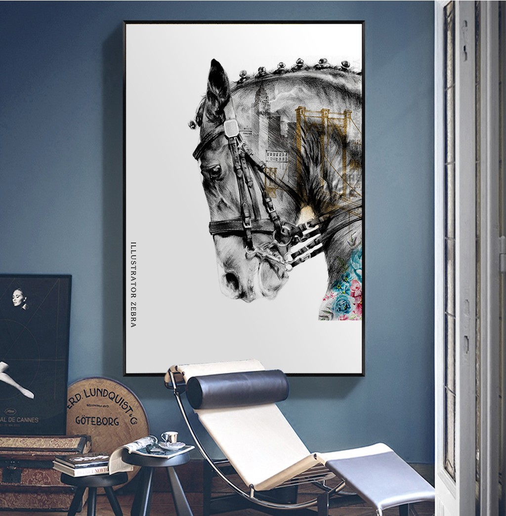 現(xiàn)代簡(jiǎn)約客廳掛畫臥室藝術(shù)裝飾畫手繪油畫 馬頭