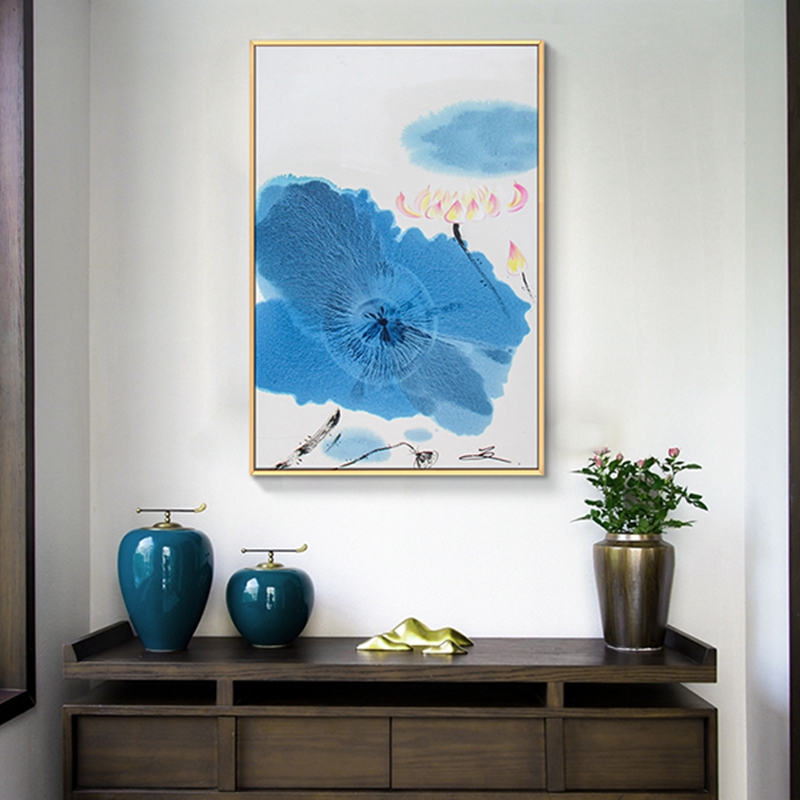 新中式客廳裝飾畫 臥室原創(chuàng)純手繪禪意圖 玄關鋁合金框掛畫 荷葉2