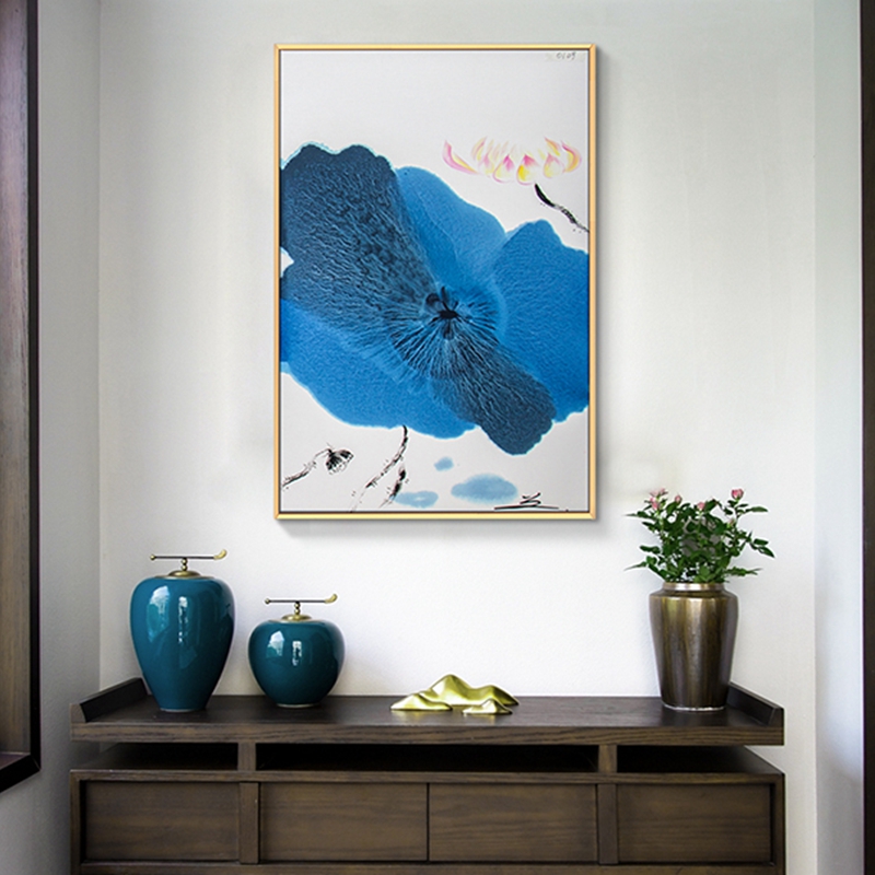 新中式客廳裝飾畫 臥室原創(chuàng)純手繪禪意圖 玄關鋁合金框掛畫 荷葉